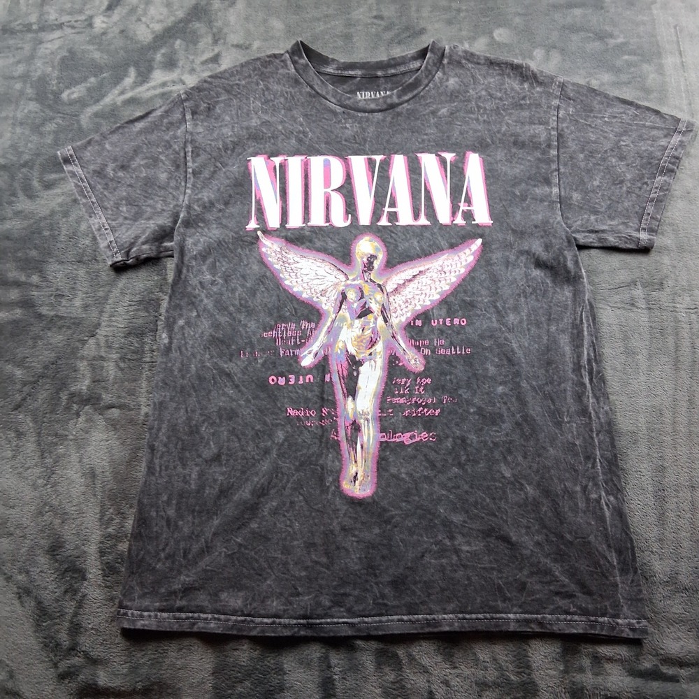 Nirvana In Utero Graphic T-Shirt Mens Medium‎ Grey Mineral Wash Angel Rock Band